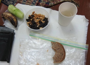 My dry pb sandwich with a cucumber, banana, snack and glass of water. Not nearly as enticing as their lunches.